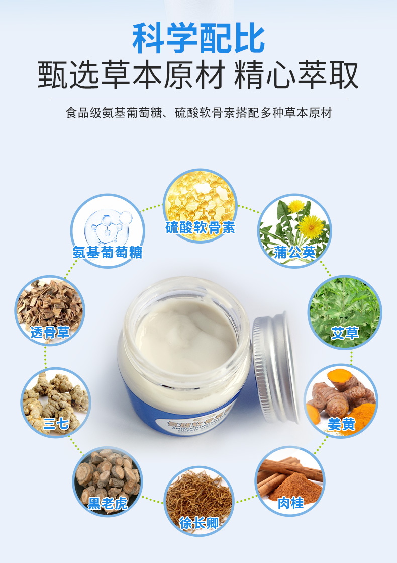 科學(xué)配比，甄選草本原材精心萃取，食品級氨基葡萄糖、硫酸軟骨素搭配多種草本原材